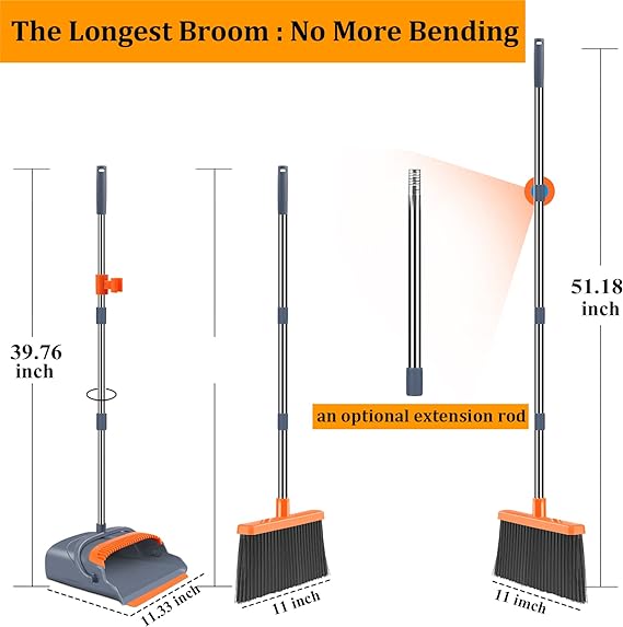 Bella Miko Upgrade Broom and Dustpan Set, Self-Cleaning with Dustpan Teeth, Indoor&Outdoor Sweeping, Ideal for Dog Cat Pets Home Use, Stand Up Broom and Dustpan (Gray&Orange)
