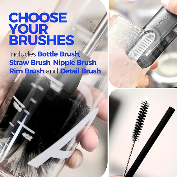 6 Pack Bottle Brush Fruit Vegetable Brushes Set, 14" Long Handle Stainless Steel Bottle Cleaner Brush, 3 Straw Brushes, 3-in-1 Bottle Cleaning Brush for Water Bottle, Baby Bottle, Straws Black