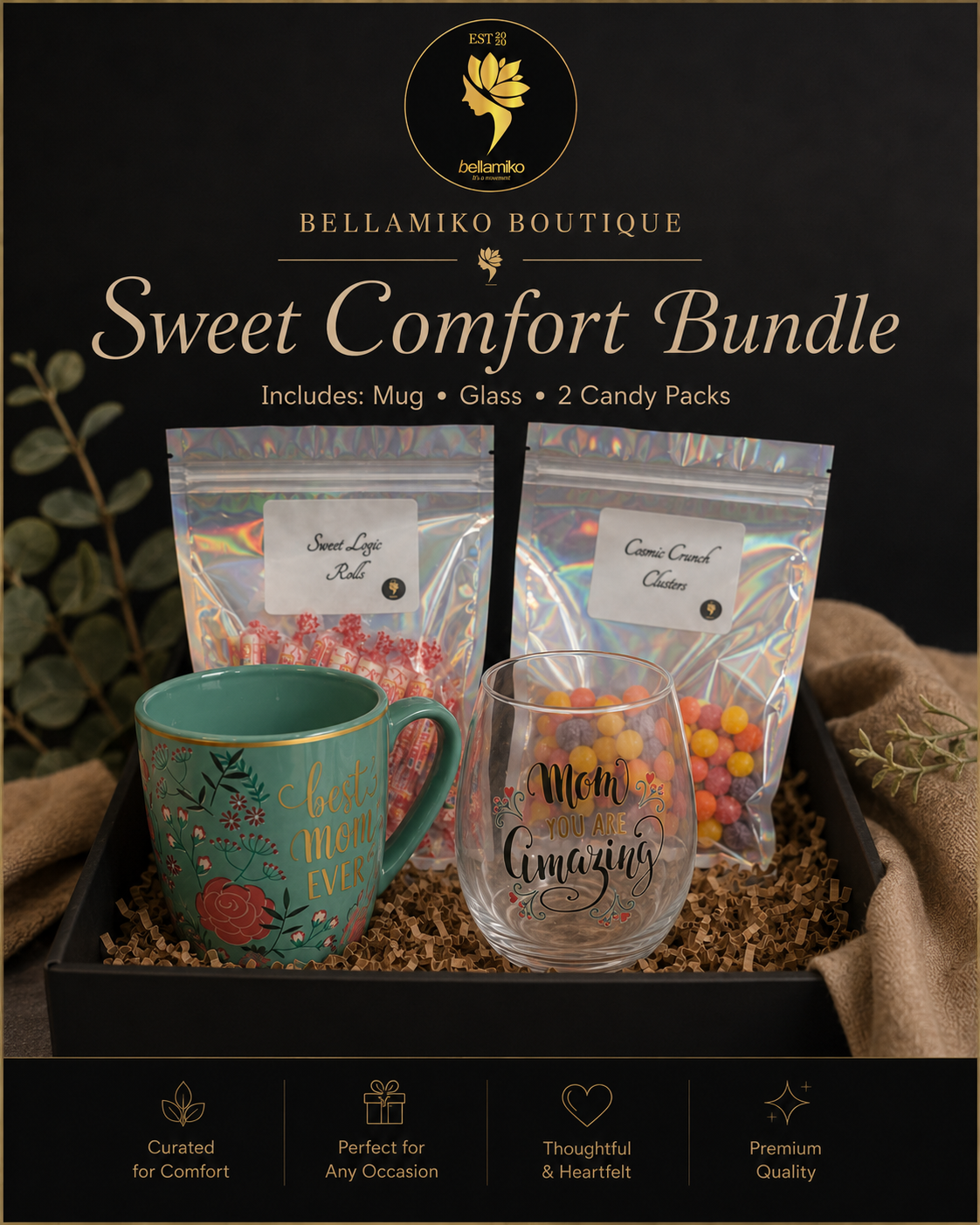 Sweet Comfort Bundle – Mug, Glass & 2 Candy Packs
