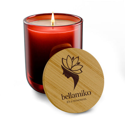 Bellamiko Luxury 14 oz Soy Candle with Engraved Bamboo Lid | Long Burn Aromatherapy Candle | Premium Home Fragrance Gift