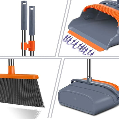 Bella Miko Upgrade Broom and Dustpan Set, Self-Cleaning with Dustpan Teeth, Indoor&Outdoor Sweeping, Ideal for Dog Cat Pets Home Use, Stand Up Broom and Dustpan (Gray&Orange)