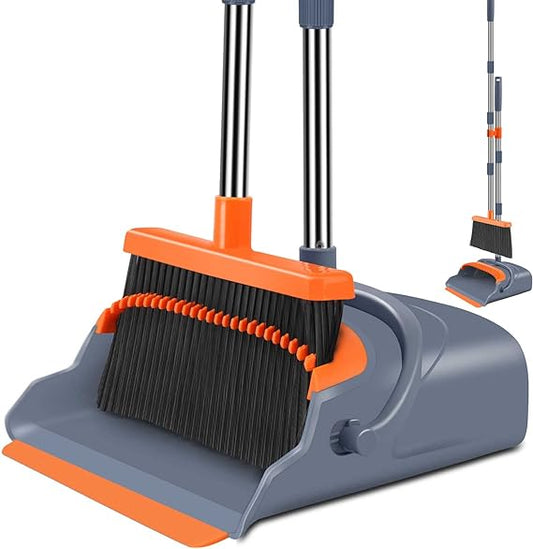 Bella Miko Upgrade Broom and Dustpan Set, Self-Cleaning with Dustpan Teeth, Indoor&Outdoor Sweeping, Ideal for Dog Cat Pets Home Use, Stand Up Broom and Dustpan (Gray&Orange)