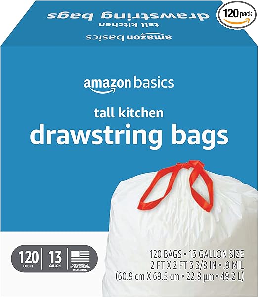 Basics Tall Kitchen Drawstring Trash Bags, 13 Gallon, 120 Count
