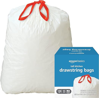 Basics Tall Kitchen Drawstring Trash Bags, 13 Gallon, 120 Count