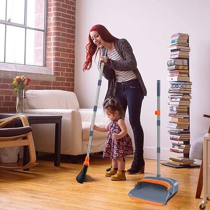 Bella Miko Upgrade Broom and Dustpan Set, Self-Cleaning with Dustpan Teeth, Indoor&Outdoor Sweeping, Ideal for Dog Cat Pets Home Use, Stand Up Broom and Dustpan (Gray&Orange)