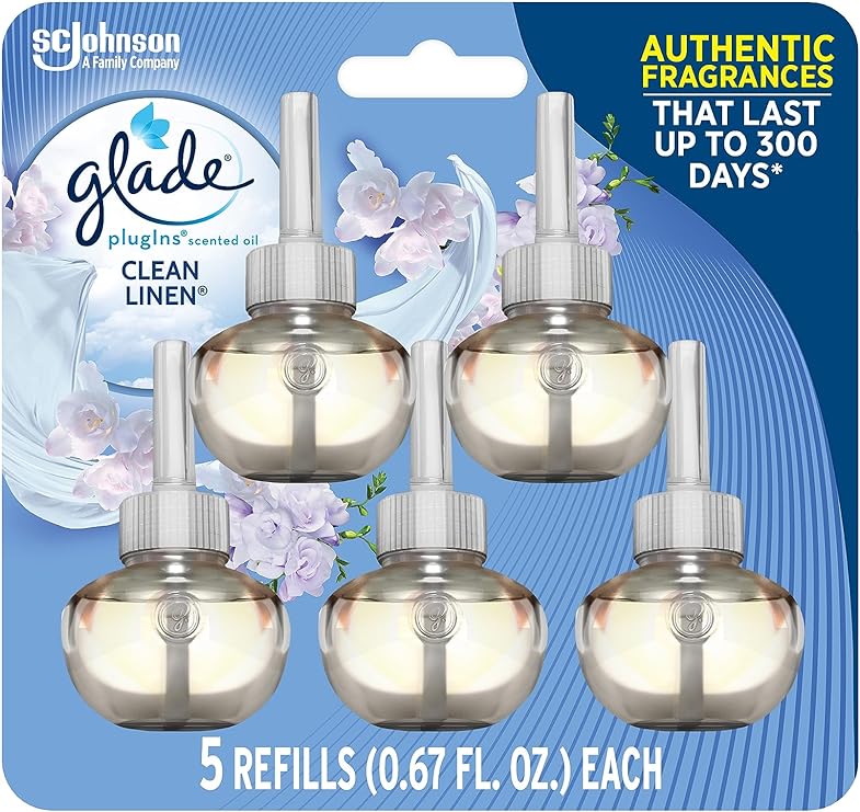 Glade PlugIns Refills Air Freshener, Scented and Essential Oils for Home and Bathroom, Clean Linen, 3.35 Fl Oz, 5 Count