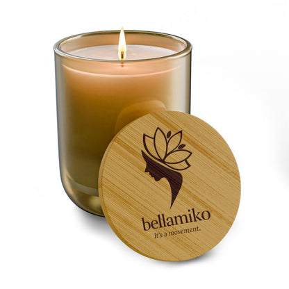Bellamiko Luxury 14 oz Soy Candle with Engraved Bamboo Lid | Long Burn Aromatherapy Candle | Premium Home Fragrance Gift
