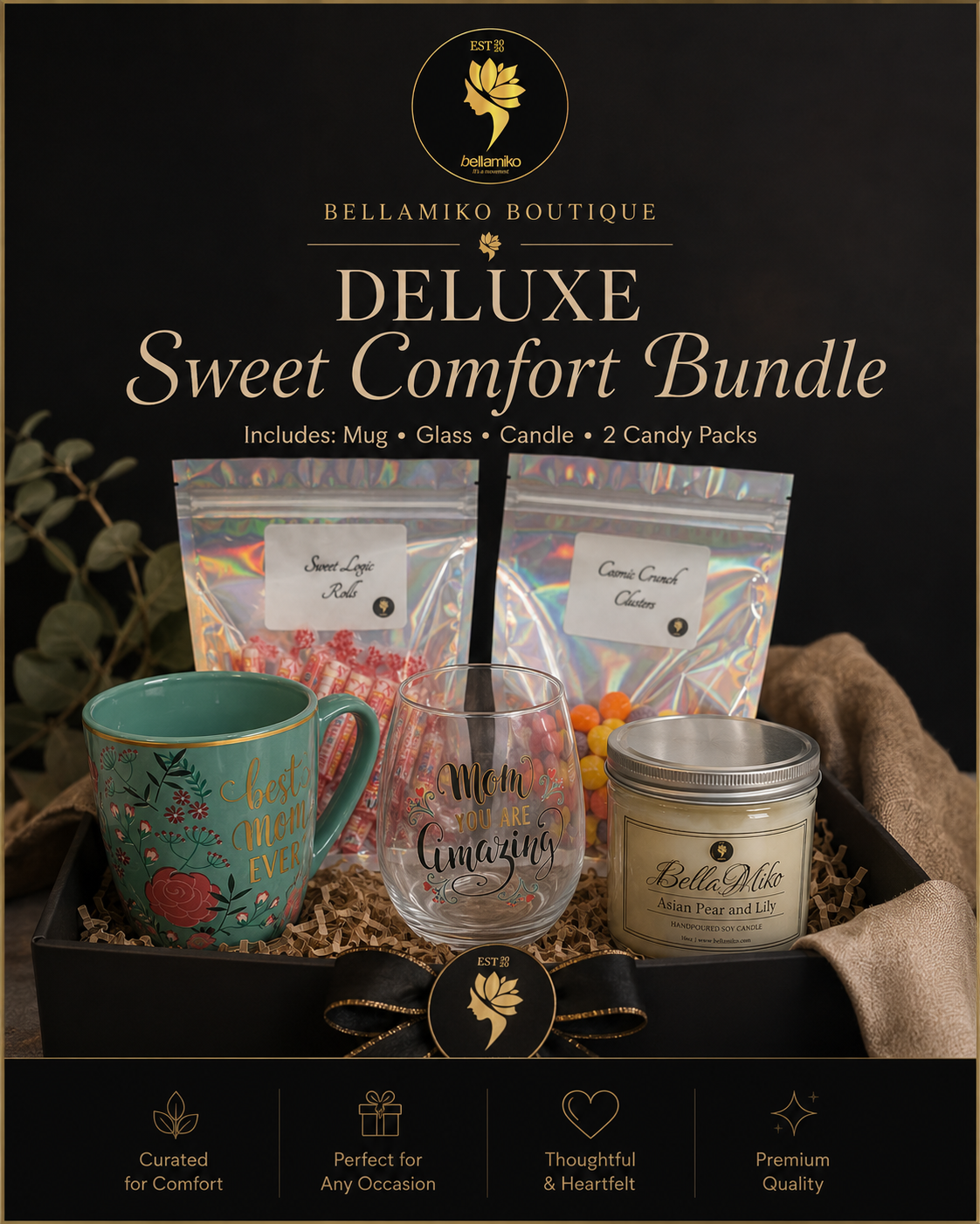 Deluxe Sweet Comfort Bundle – Mug, Glass, Candle & Candy Packs